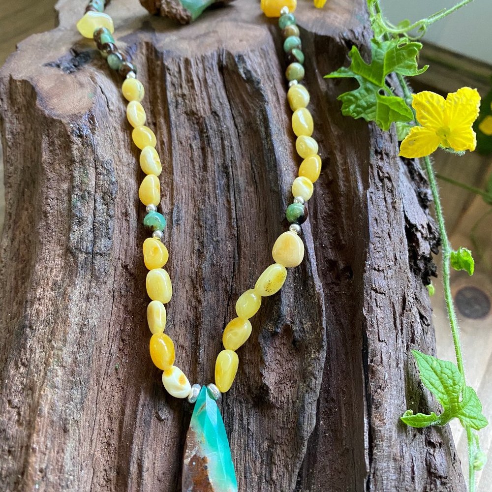 Baltic Amber Chrysoprase Necklace 925 Sterling Silver - Picture 4 of 5